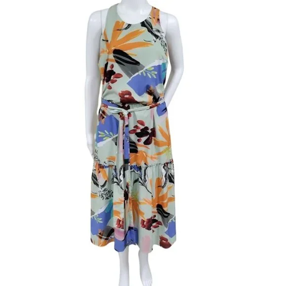 Slate & Willow Geometric Tiered Boho Whimsy Retro A-Line Dress Sage Green US 2 - Picture 6 of 16